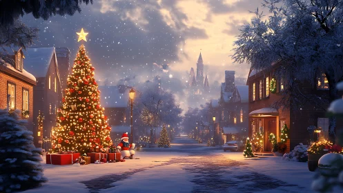 Snowy Christmas village street with glowing tree centerpiece.