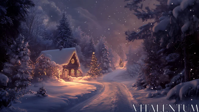 Snow-covered forest cabin is illuminated by warm seasonal lights
