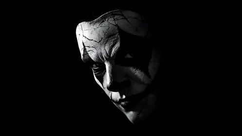 Monochrome portrait shows cracked clown makeup in shadow