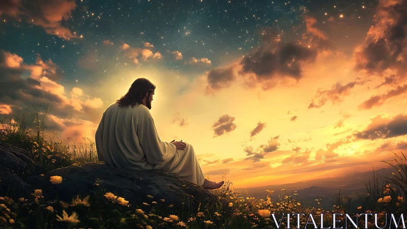 Silent-robed figure lingers in a sky-sparked sunset meadow