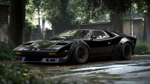 Midnight supercar prowls a rain-damp forest courtyard