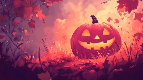 Glowing jack-o’-lantern warms an enchanted autumn forest night