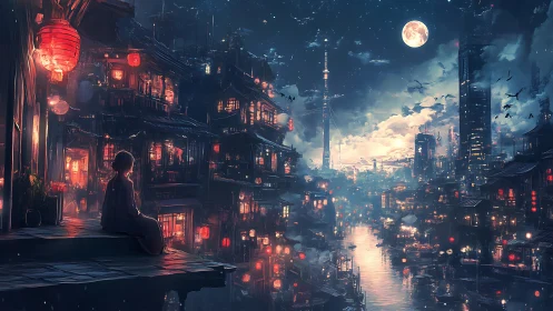 Moonlit river skyline where neon lanterns whisper to stars.