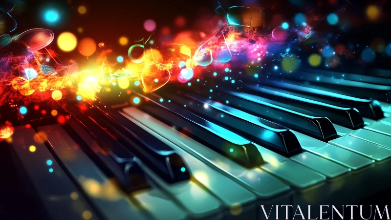 Glowing piano keys unleash vibrant, swirling musical energy