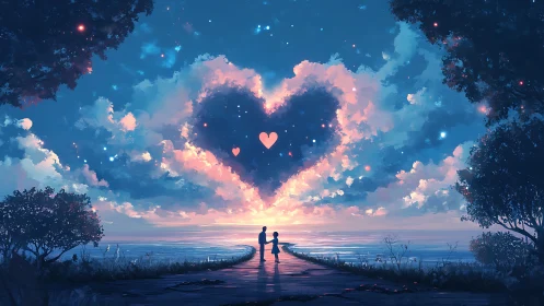 Heart-Shaped Cloud Formation Frames Silhouetted Couple at Twilight