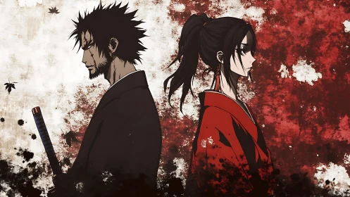 Samurai duo back to back amid grunge blood sky.