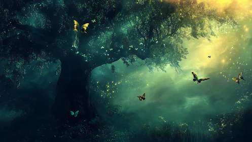 Bioluminescent forest tree with golden butterflies at twilight