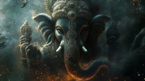 Ornate elephant-headed deity figure in dark smoky setting.