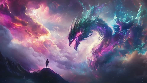 Man confronts colossal cosmic dragon in vivid nebula sky.