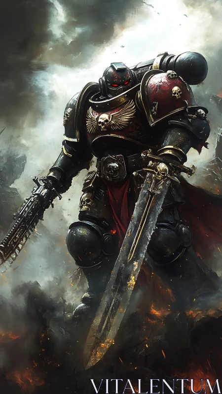 Armored supersoldier in gothic power armor strides through burning ruins