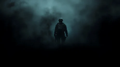 Lone soldier walks through swirling blue battlefield fog.