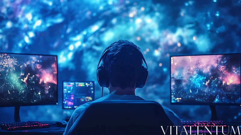 Person uses triple-monitor gaming workstation in dark room