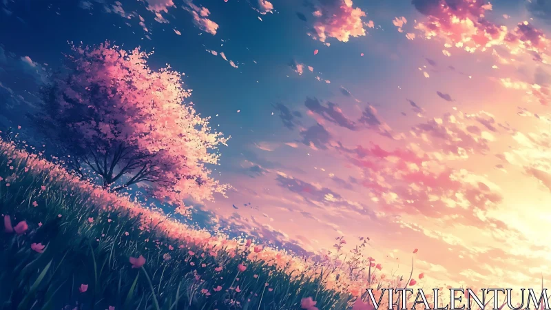 Sunset blossoms beneath a dreamy pink cherry tree field.