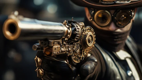 Steampunk gunslinger aims ornate brass revolver forward.