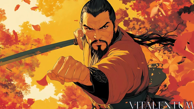 Samurai warrior strikes amid blazing autumn leaves storm.