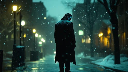 Solitary figure walks through snowy neon city street at night.