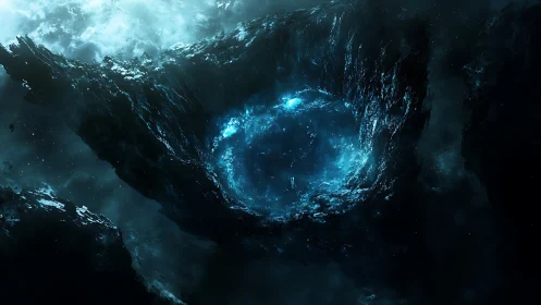 Circular void forms within fractured, luminescent rock mass