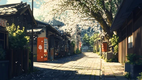 Sunlit cherry blossom lane in a quiet Japanese village.