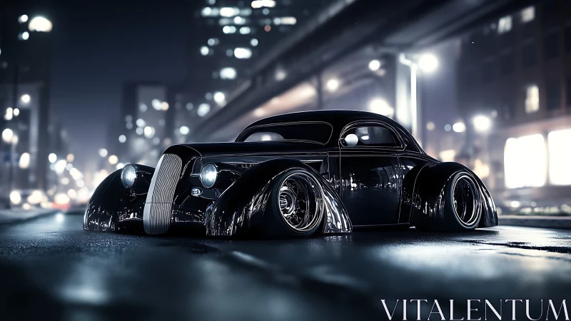 Sleek retro custom car glides through a glowing city night