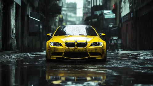 Yellow performance coupe in rain-soaked urban alleyway focus.