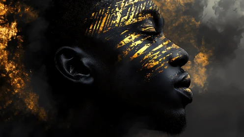 Profile portrait merges black skin texture with molten gold streaks