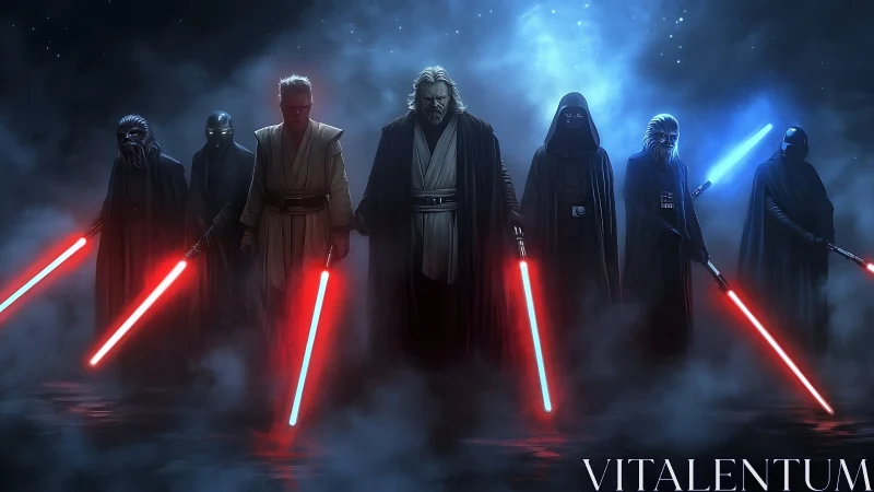 Dark robed warriors with glowing sabers in misty void.