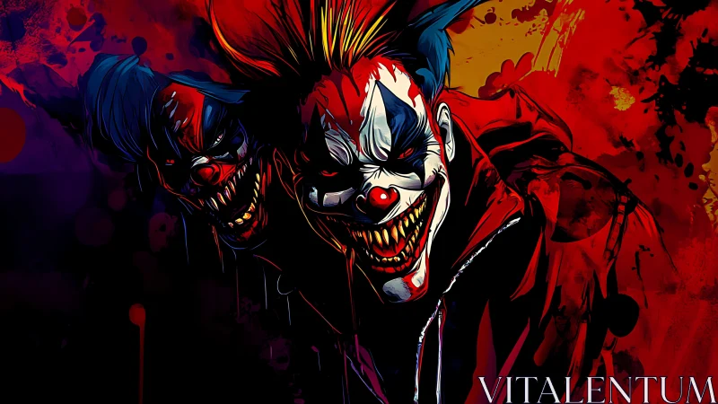 Sinister twin clowns ignite a feral carnival of color and teeth