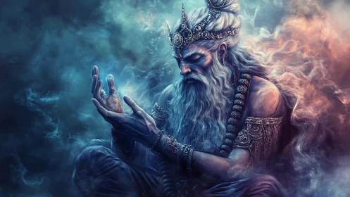 Ancient robed figure with crown in blue and orange smoke.