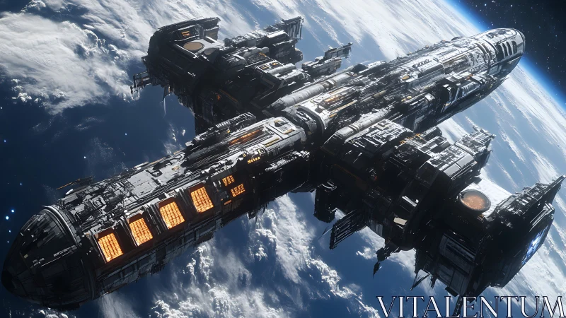 Colossal starship glides above Earth in radiant orbit