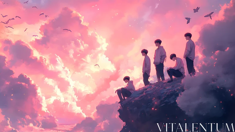 Skyline daydreamers perched on a cliff of glowing clouds.