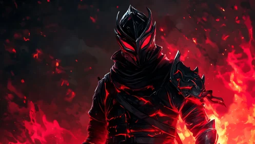 Armored dark figure stands amid red flames in profile