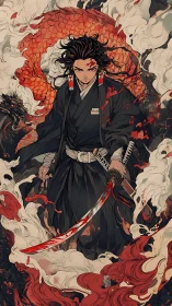 Storm-eyed swordsman walks within a coiled dragon of flame