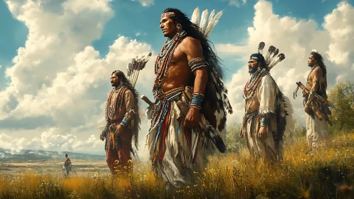 Warriors in traditional dress stand on open grassland.