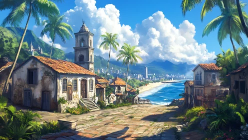 Colonial settlement overlooking coastal city with mountains.