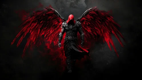 Dark winged fallen angel in red and black armor descends.