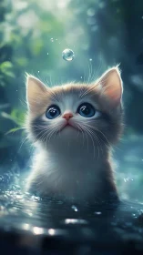 Wet kitten studies floating droplet in misty forest pool.