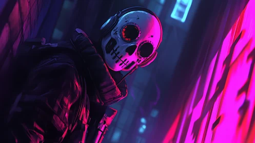 Neon skull-masked operative stalks a cyberpunk alleyway at night