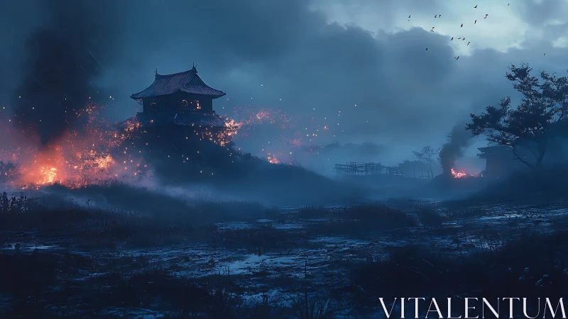Burning Asian Temple Landscape at Dusk with Atmospheric Mist