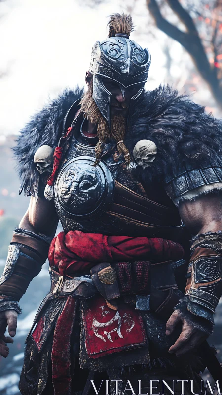 Fur-clad warrior stands armored, skulls hanging from pauldrons.
