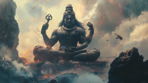 Divine warrior meditates in swirling cosmic storm clouds