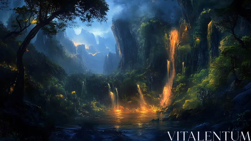 Bioluminescent jungle basin illuminated by molten-gold waterfalls