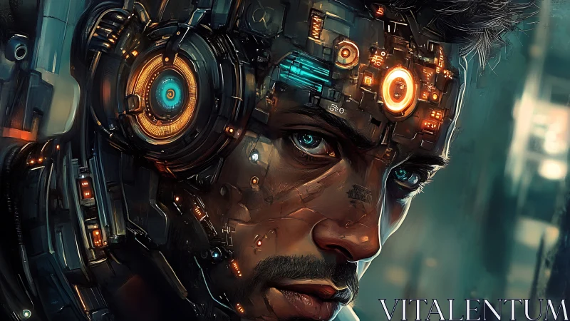 Cybernetic man portrait with glowing mechanical implants.