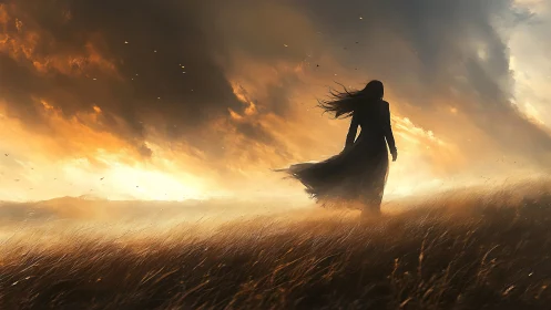 Silhouetted woman strides through windswept field at burning dusk.