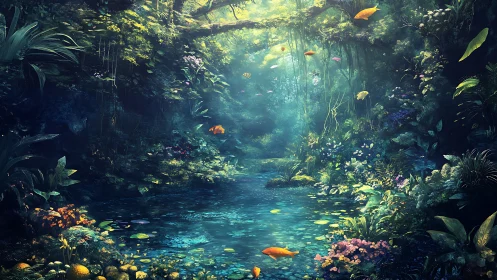 Luminous forest lagoon with volumetric light and suspended fish