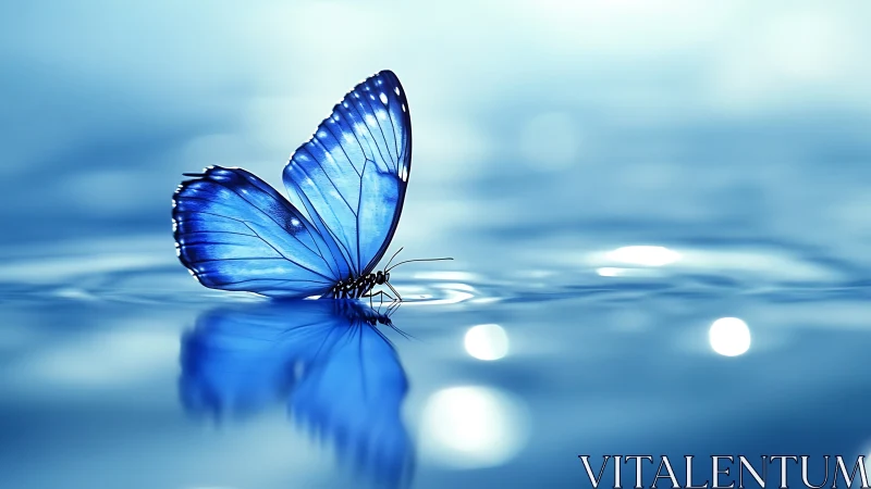 Blue butterfly rests on rippling water in serene light.