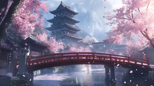 Cherry blossom bridge to misty pagoda dreams in spring.