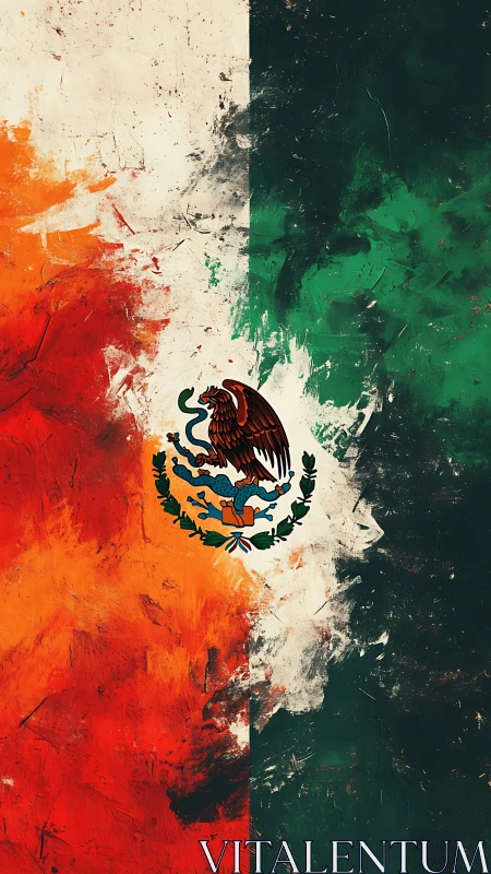Mexican flag emblem on rough abstract painted tricolor