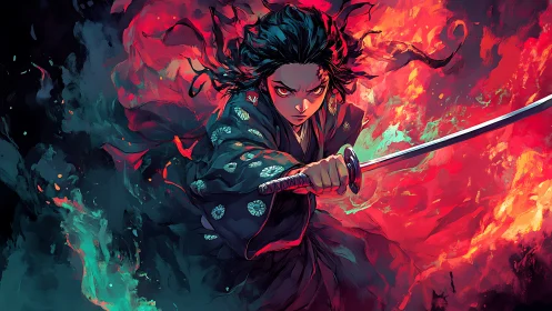 Samurai figure with drawn katana amid stylized flames.