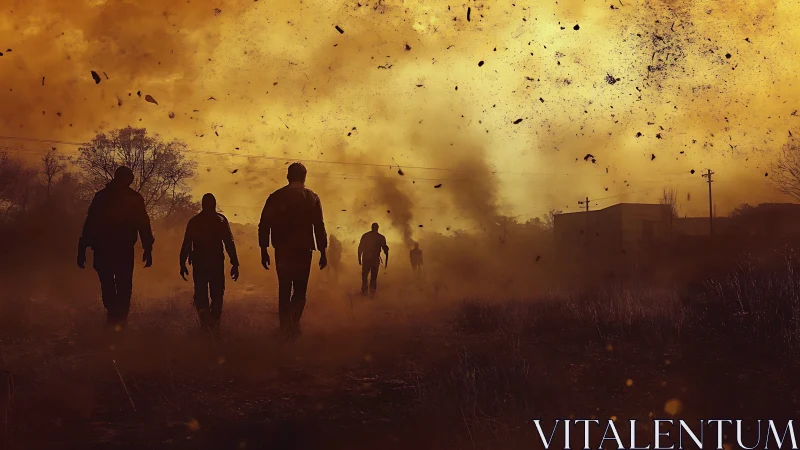 Silhouetted figures walk through dense airborne debris field