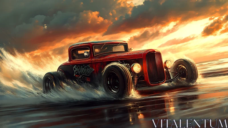 Red hot rod racing through ocean surf at vivid sunset.